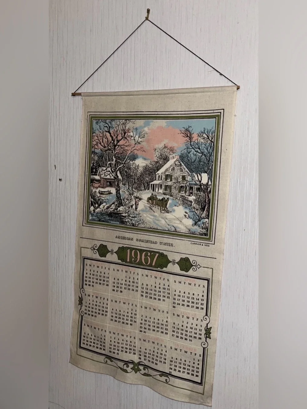 Vintage 1967 Wall Calendar Tapestry - Cream with Green Accents